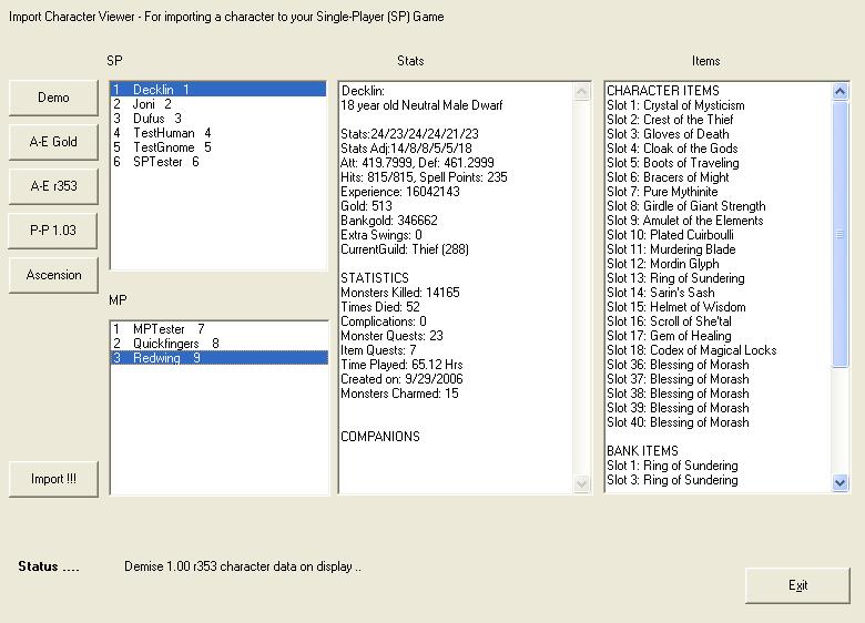 The Character Importer Window