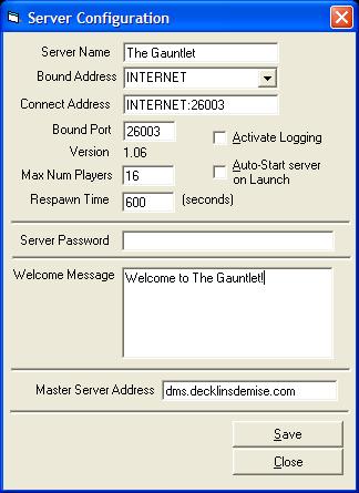 The Server Configuration Screen